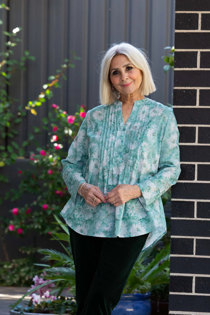 Pleated Front Shirt With Mandarin Collar - Green Floral