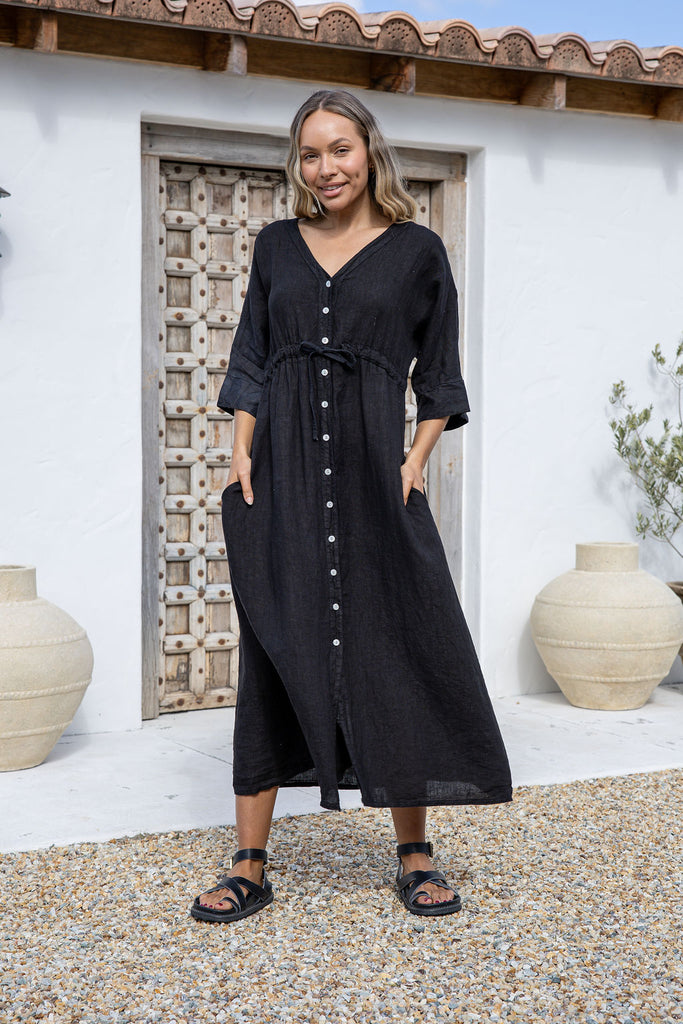 Coulisse Linen Dress By Free Angel - Black