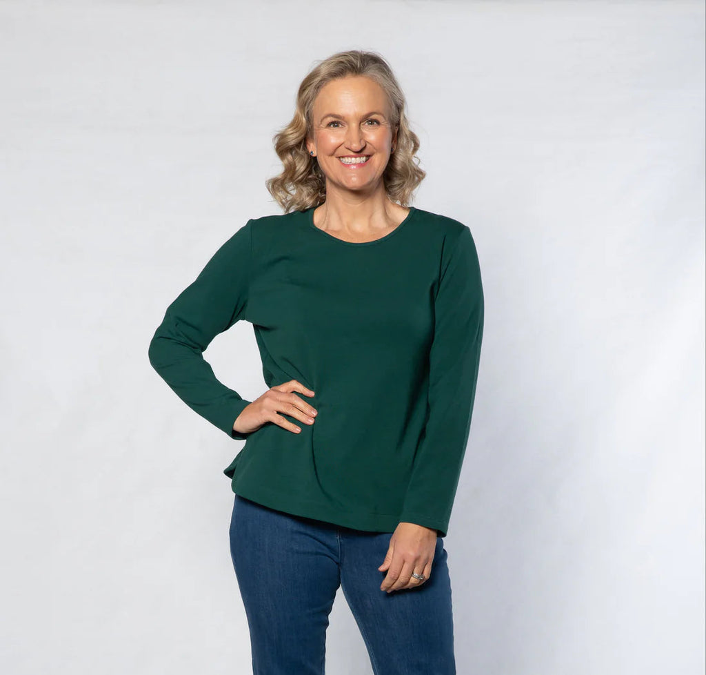 Long Sleeve Stretch Cotton Crew Neck Top By Equinox - Emerald