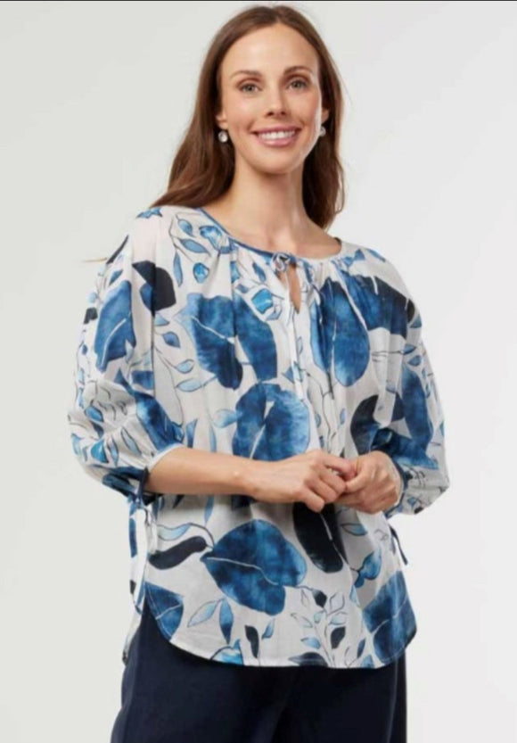 Blue Foliage Cotton Top By Portobello