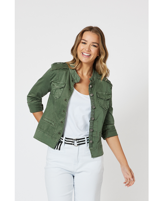 Military Denim Jacket By Threadz - Khaki