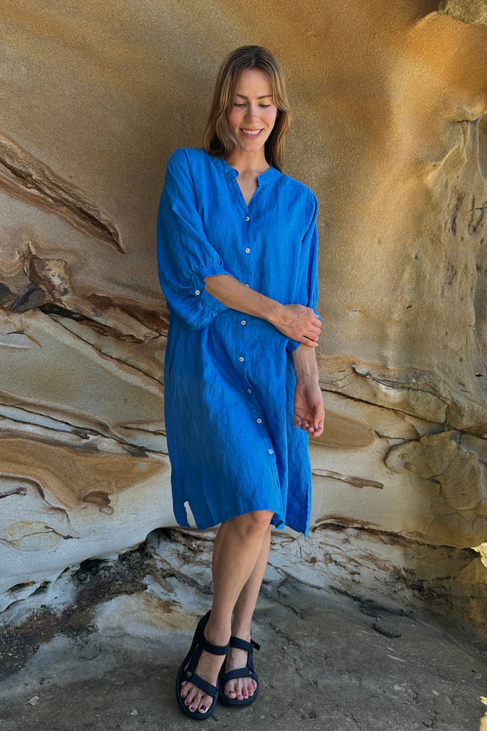 Annya Button Through Linen Dress - Cobalt Blue