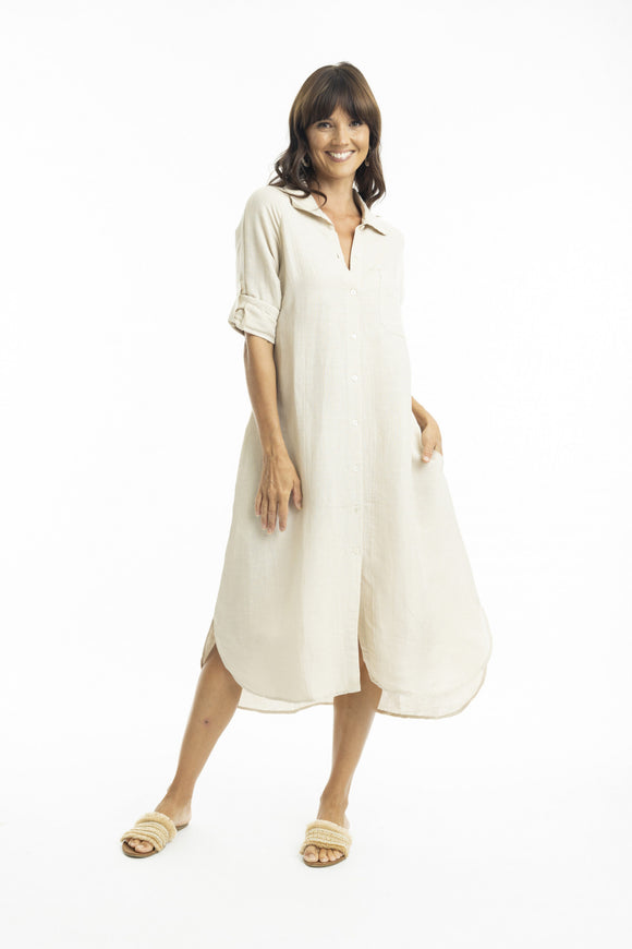 Linen Midi Collared Shirt Dress - Sand