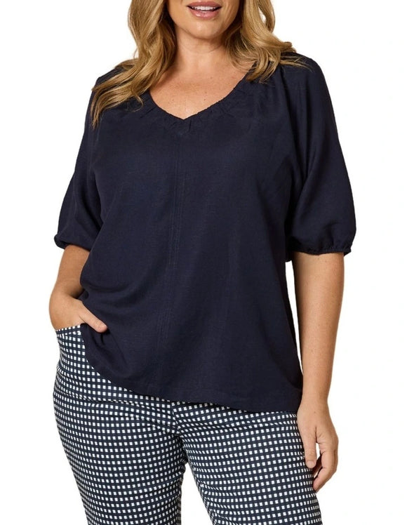 Lino V Neck Top By Gordon Smith - Navy