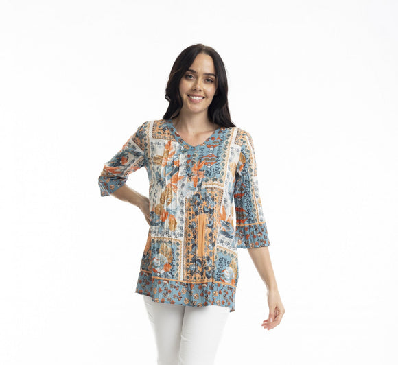 Kauai 3/4 Sleeve Pleated Top By Orientique