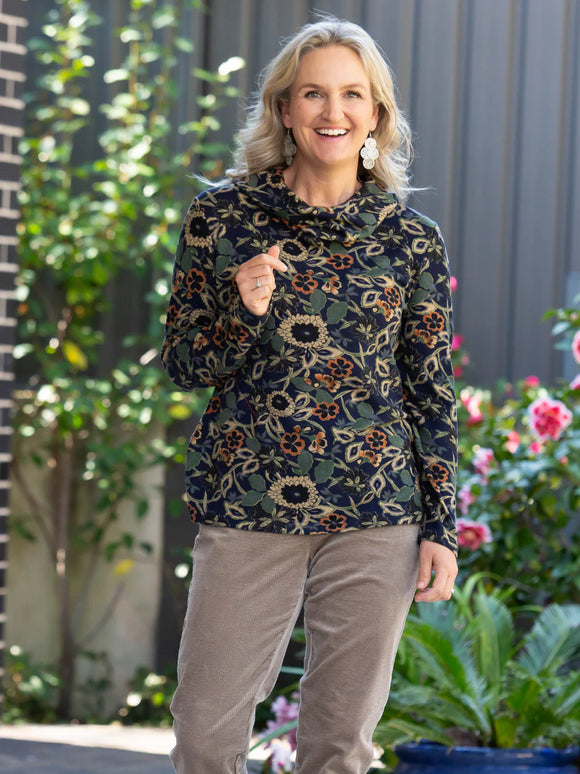 Roll Neck Floral Printed Soft Jersey Top - Navy