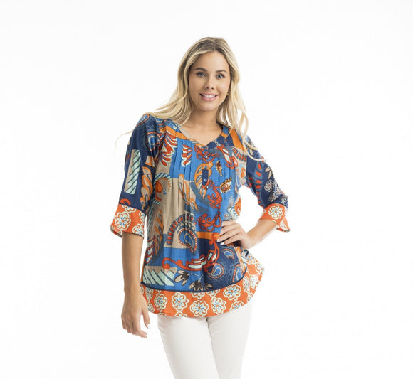 Camps Bay 3/4 Sleeve Pleated Top By Orientique