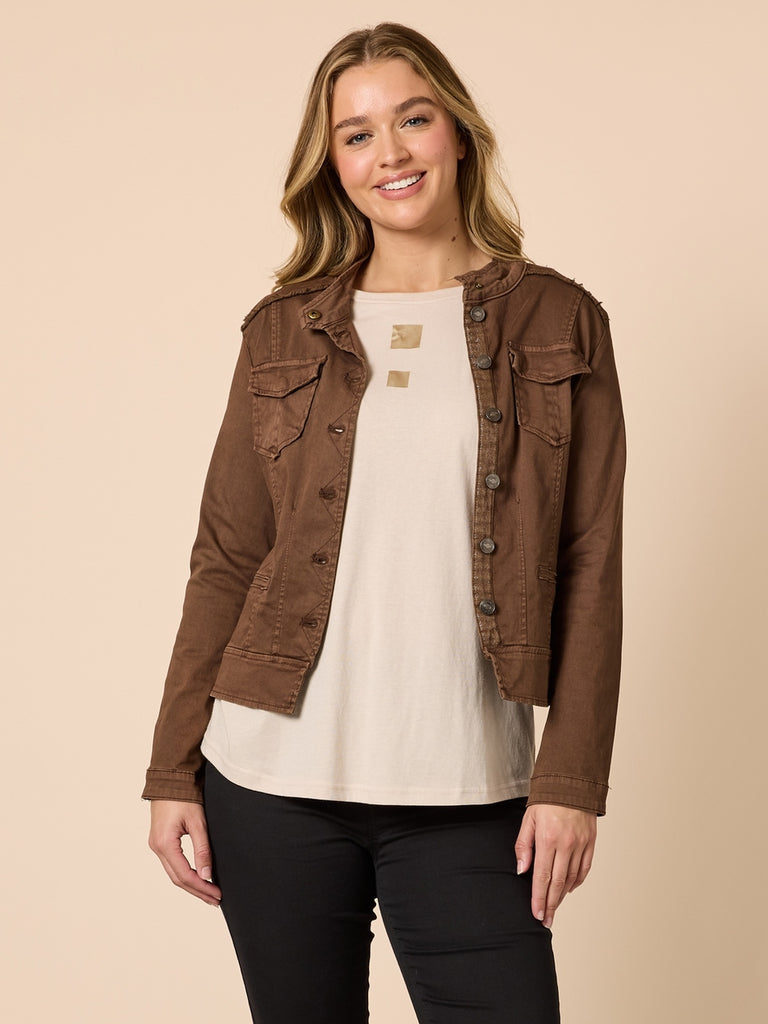 Military Denim Jacket By Threadz - Chocolate