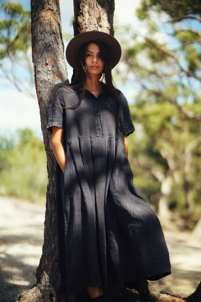 Vianne Linen Dress With Collar - Navy