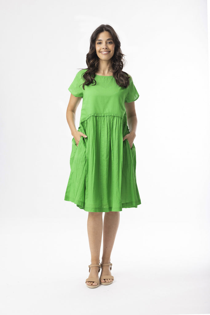 Cotton Slub Gathered Waist Dress By Orientique - Green