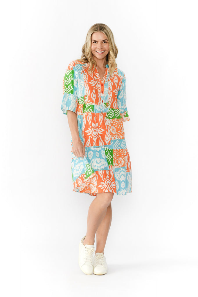 Maya Button V Neck Layer Dress By One Summer - Ikat Orange/Teal