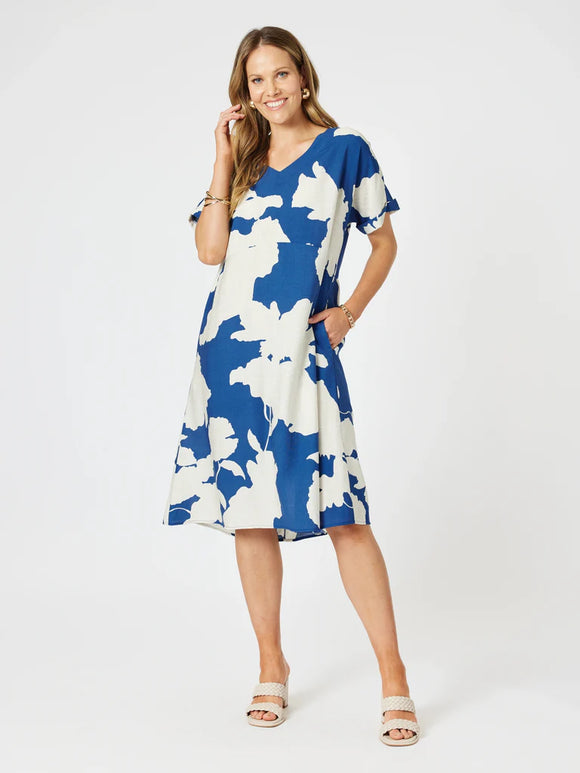 Barcelona V Neck Floral Print Dress By Clarity - Blue/Natural