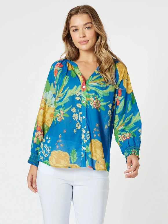 Tropics Floral Print Sheer Top By Threadz - Blue/Multi