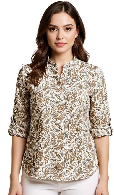 Mandarin Collar Shirt By Cafe Latte - Mocha Leaves