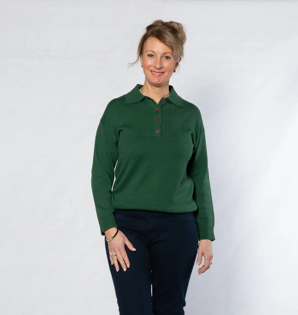 Collar & Button Neck Knit Sweater - Green