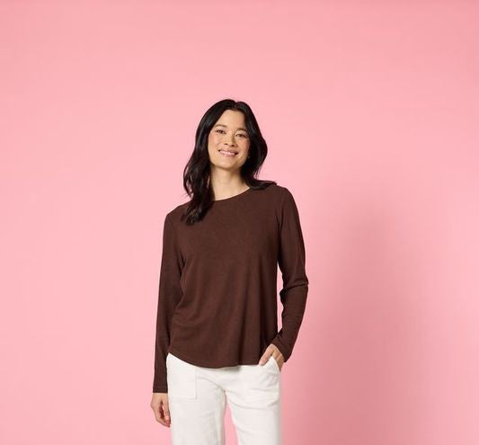Brushed Cotton Crew Neck Top By Gordon Smith - Coffee