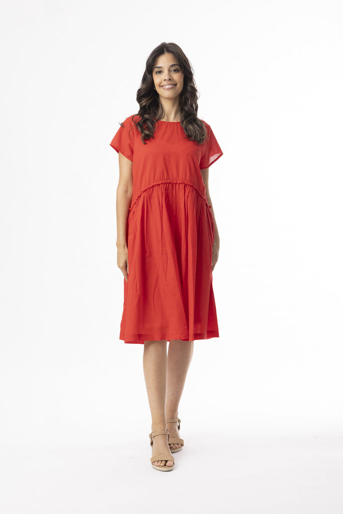 Cotton Slub Gathered Waist Dress By Orientique - Red