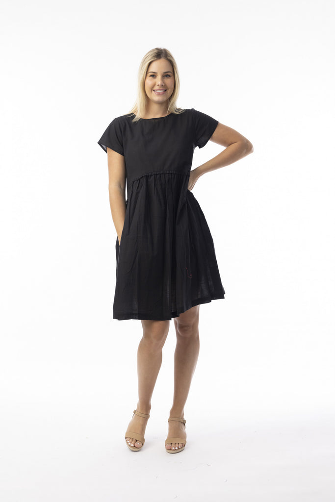 Cotton Slub Gathered Waist Dress By Orientique - Black
