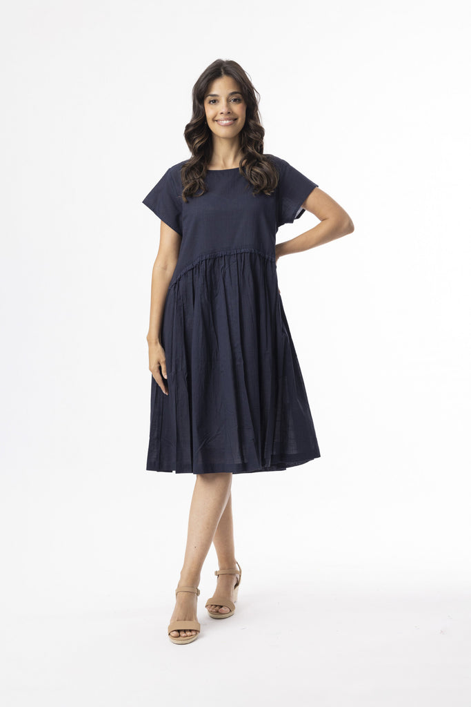 Cotton Slub Gathered Waist Dress By Orientique - Navy