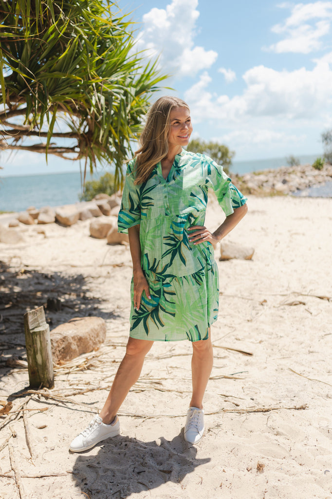 Maya Button V Neck Layer Dress By One Summer - Geo Leaves