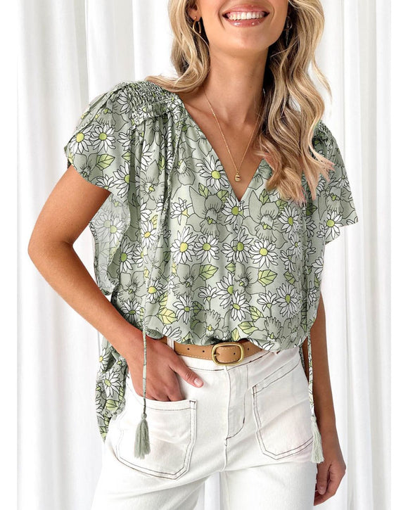 Tassel V-Neck Pleated Detailed Short Sleeve Top