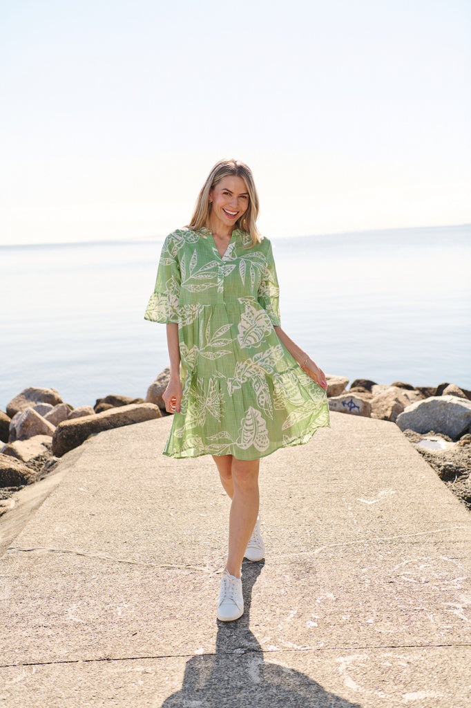 Maya Button V Neck Layer Dress By One Summer - Sage