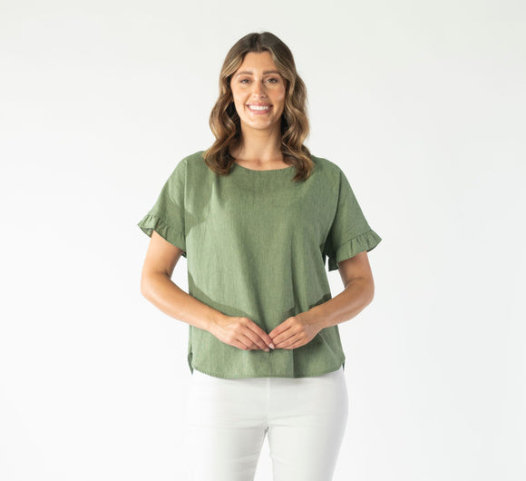 Frill Sleeve Linen Top By Renoma - Moss