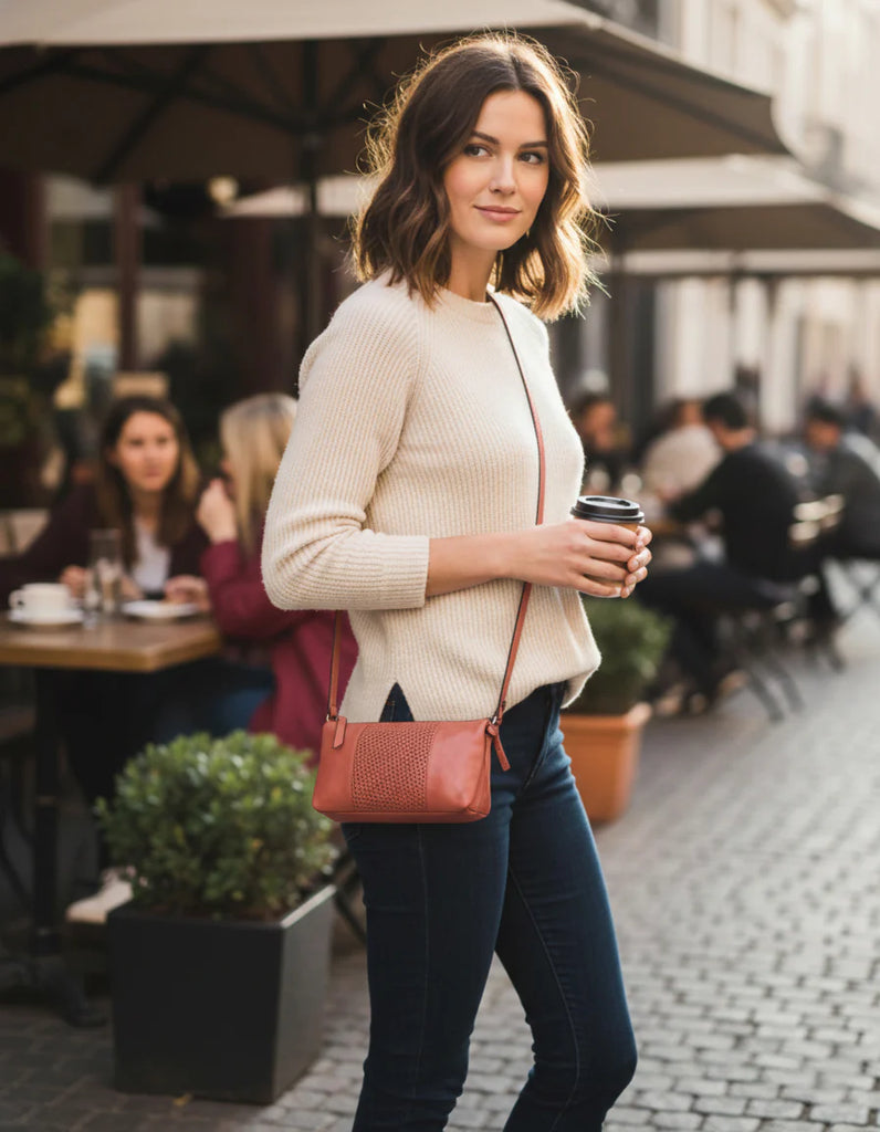 Kiama Woven Panel Detail Leather X Body Bag - Tan
