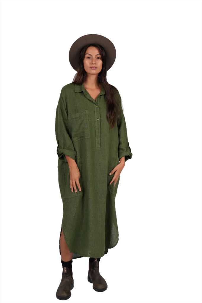 Biarritz Oversized Long Shirt Dress - Forest Green