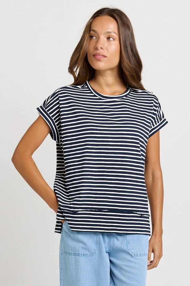 Shirley Cotton Slub Tee By Betty Basics - Navy Stripe