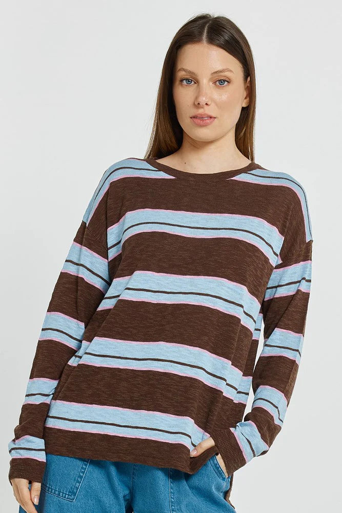 Natasha Knit Top By Betty Basics - Chocolate/Blue/Pink Stripe