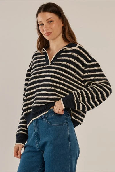 Aberdeen Polo Knit Sweater By Betty Basics - Navy Stripe