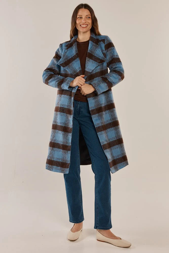 Britney Coat By Betty Basics - Blue/Chocolate Check