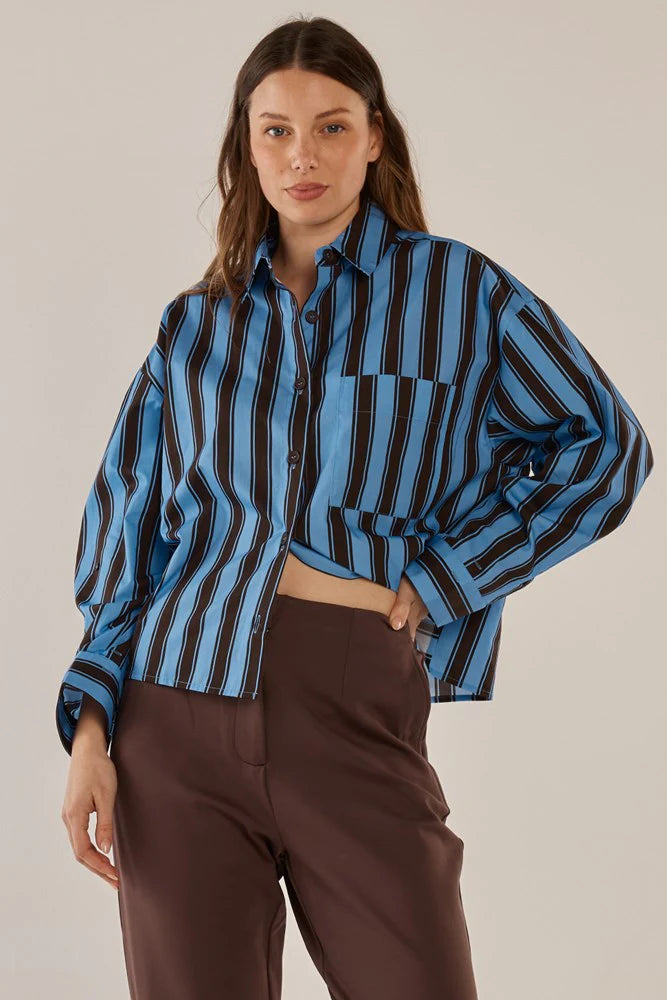 Erin Crop Shirt By Betty Basics - Chocolate/Cornflower Stripe
