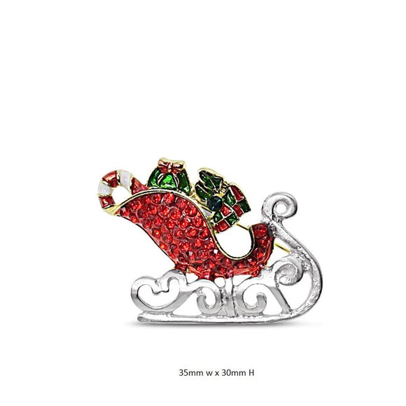 Christmas Sleigh Brooch - Alloy,Enamel & Crystals