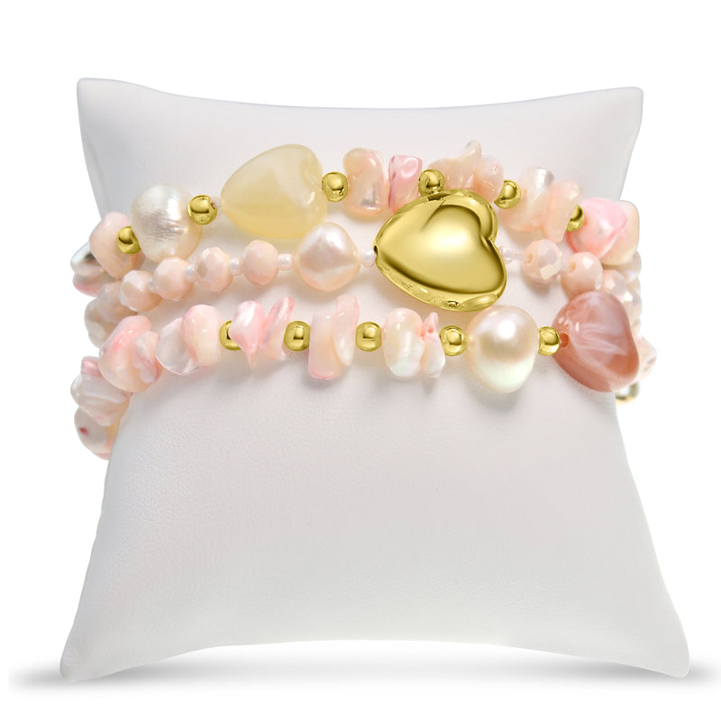 Stretch Three Rows Bracelets Gold Heart - Pink Tones