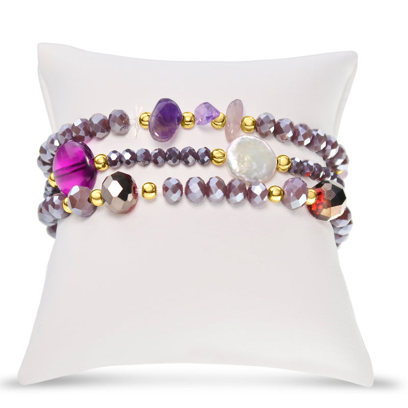 Three Rows Natural Stones & Freshwater Pearl Bracelet - Red/Purple Tones