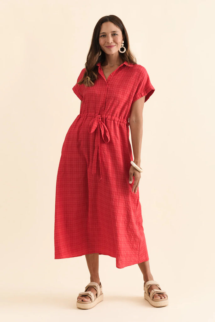 Collared Drawstring Dress - Red