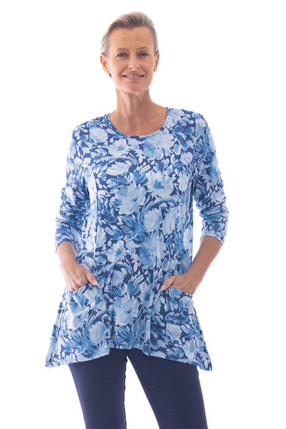 Print Tunic Top By Cafe Latte - Navy Garden