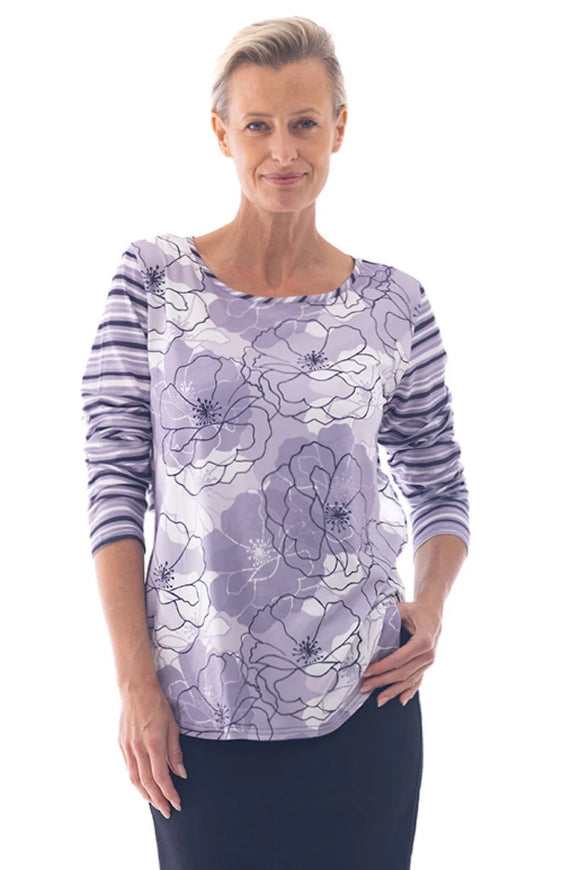Print/Stripe Mix Long Sleeve Tee By Cafe Latte - Silver Linea