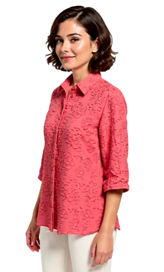 Embroidered Button Front Shirt - Melon