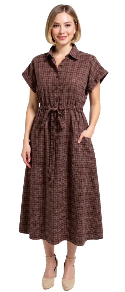 Collared Drawstring Dress - Brown