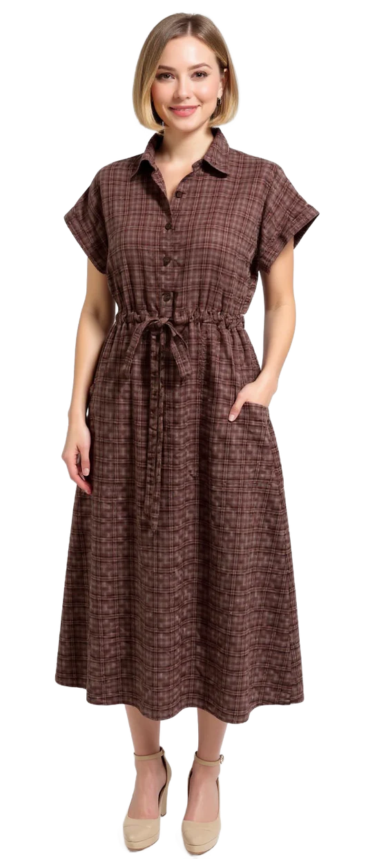 Collared Drawstring Dress - Brown