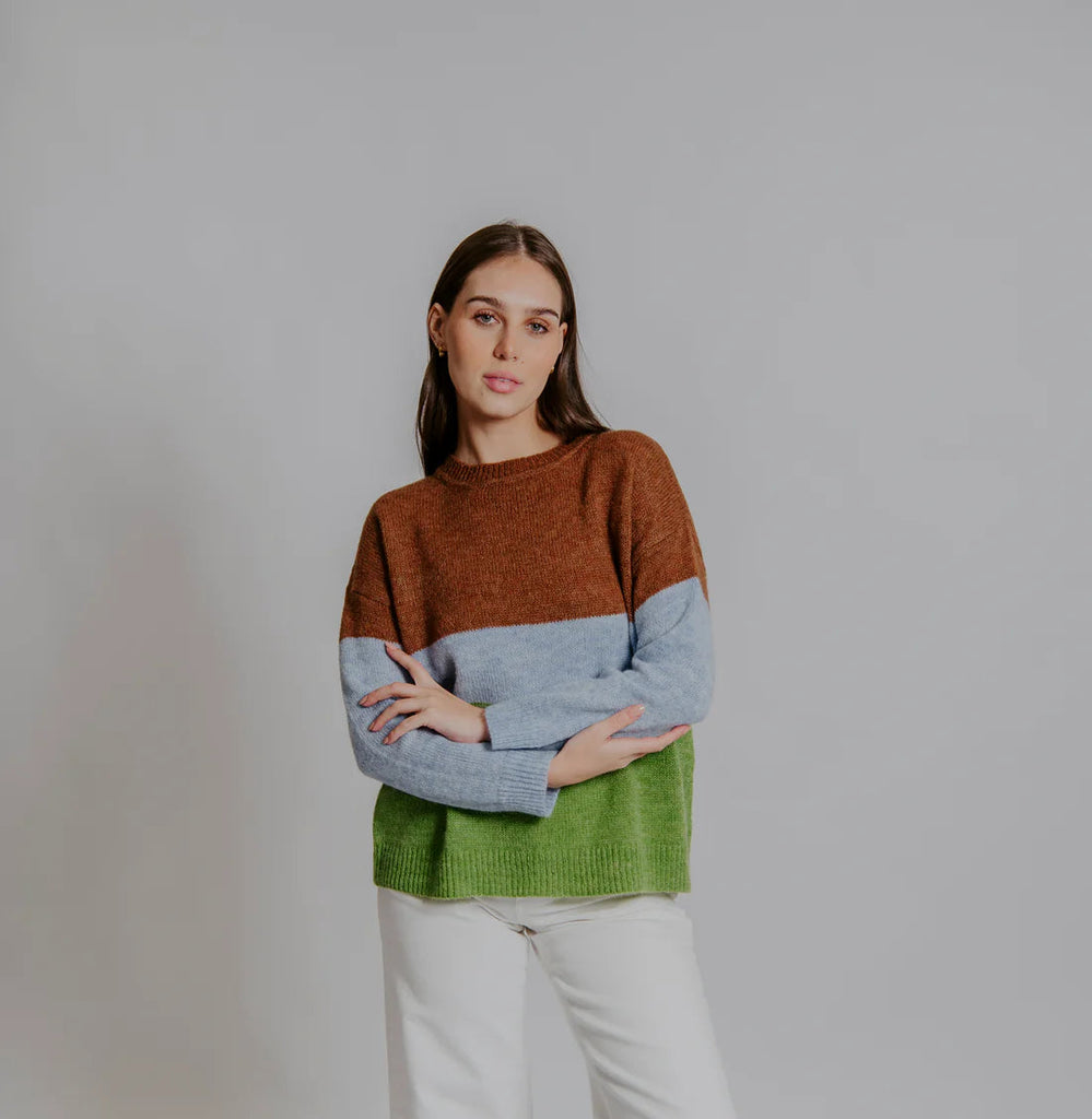 Block Stripe Pullover By Bella - Cinnamon/Leaf Green