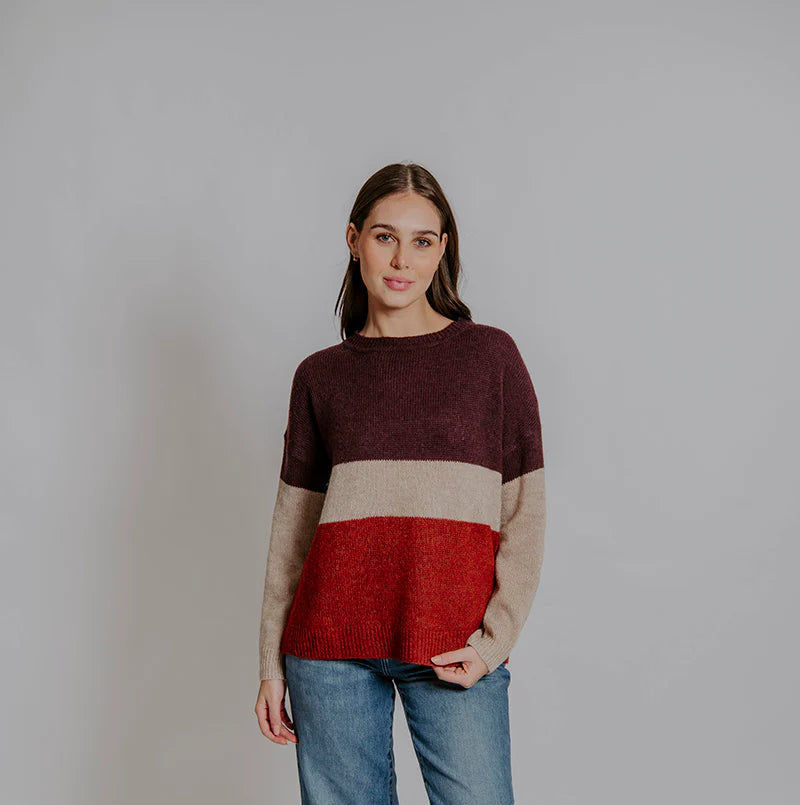 Block Stripe Pullover By Bella - Aubergine/Pumpkin