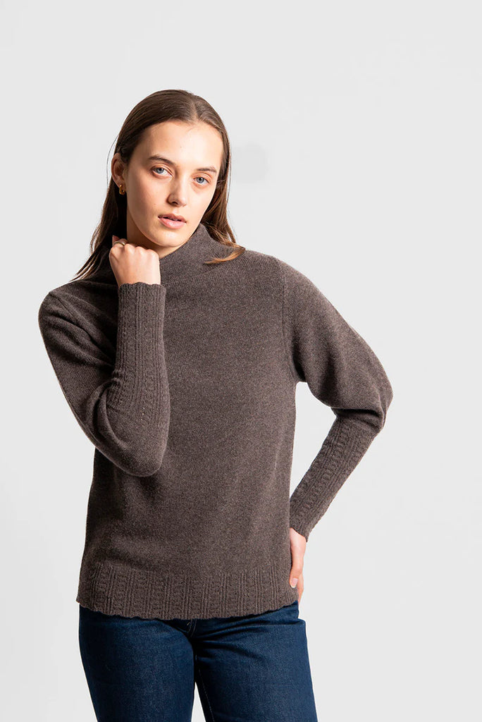 Funnel Neck Pointelle Puff Sleeve Knit  By Fields - Coffee Bean