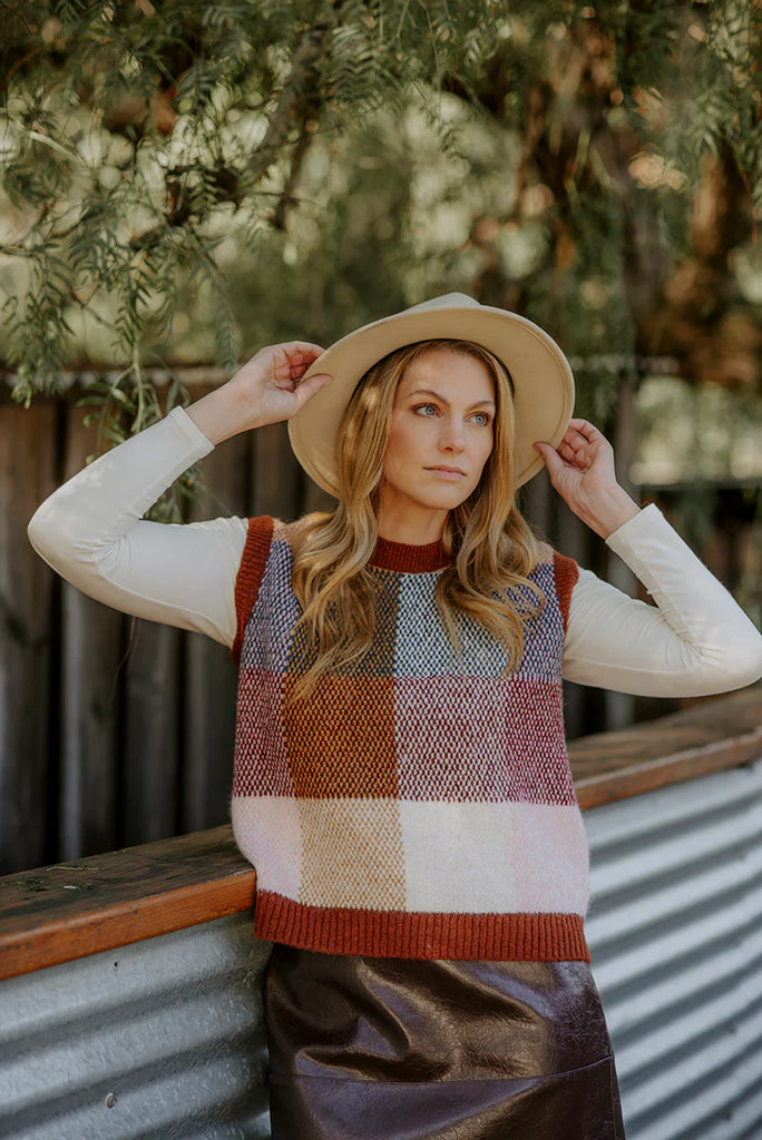 Birdseye Check Vest By Fields - Cognac Combo