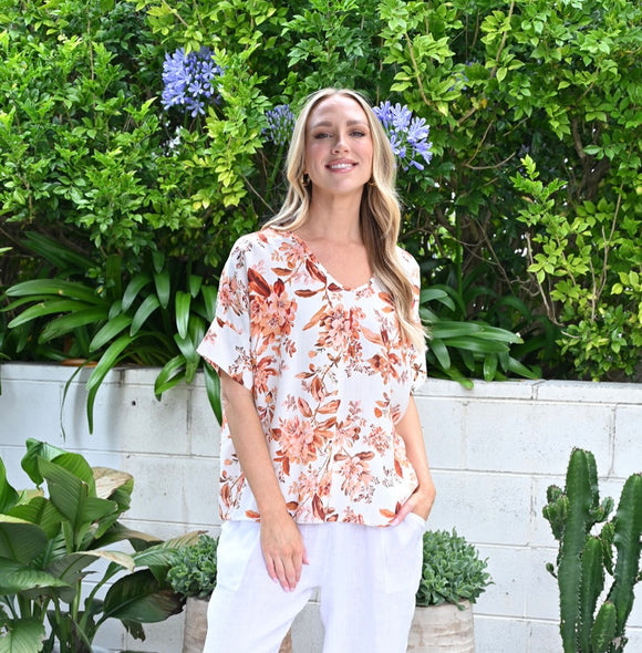 V Neck Floral Linen Top - Rust