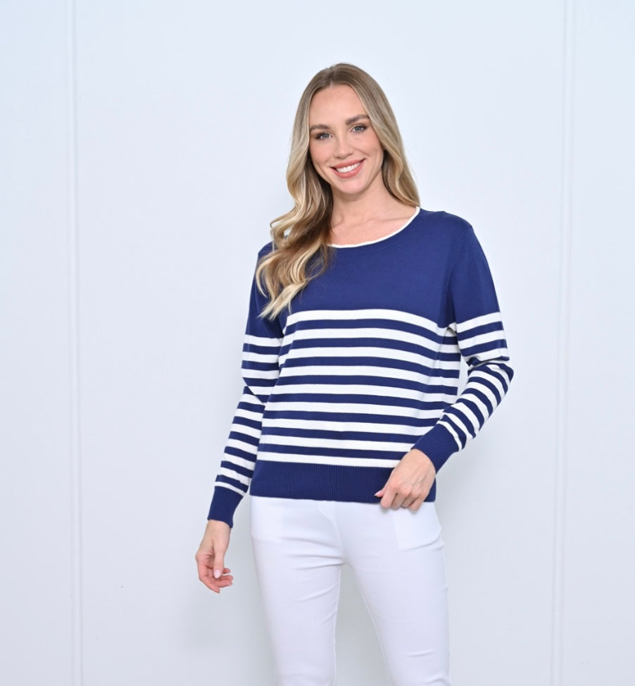 Half Stripe Cotton Jumper - Navy