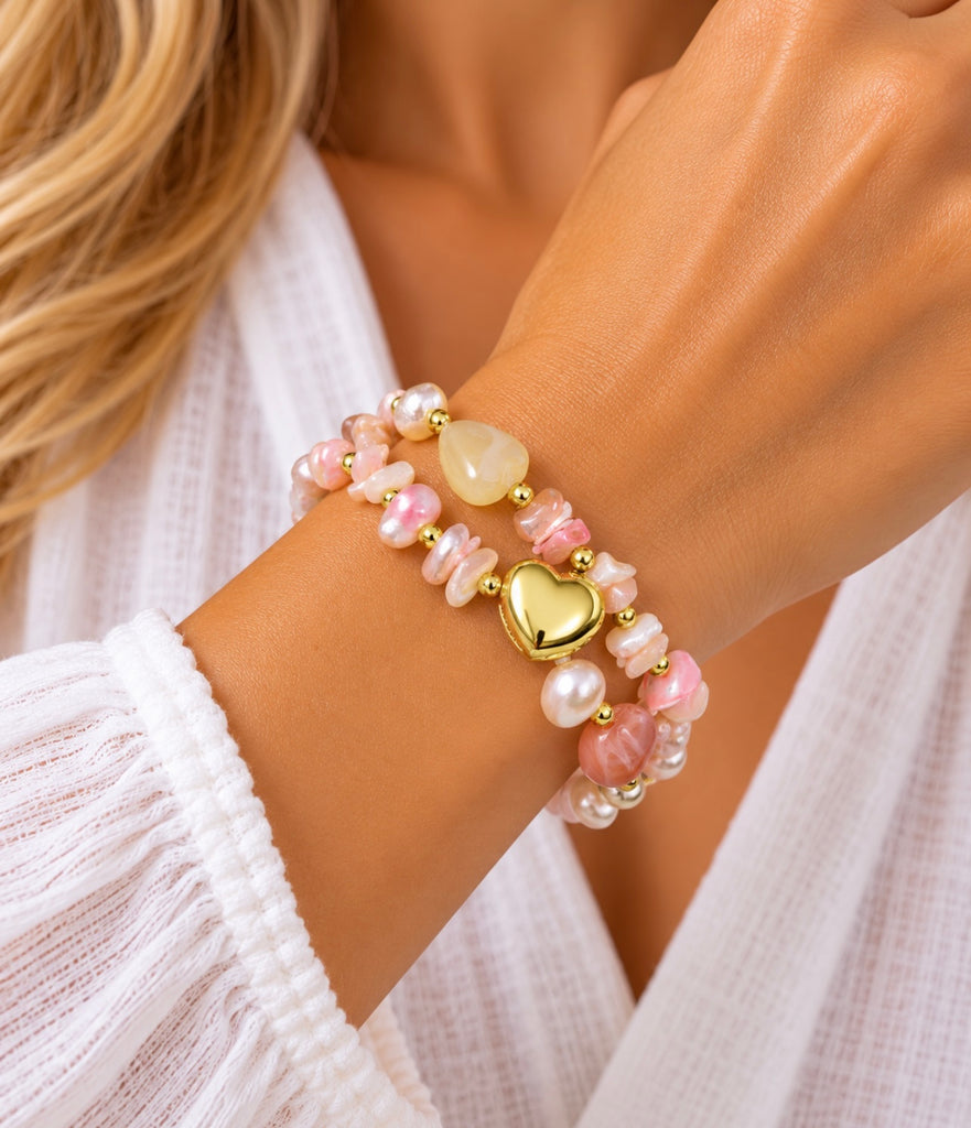 Stretch Three Rows Bracelets Gold Heart - Pink Tones